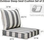Outdoor Patio Chair Cushions Set, 22" x 22", Set of 2, Water-Repellent, Fade Resistant, Deep Seat Bottom and Back Cushion for Backyard, Couch, Sofa and Patio Furniture, Gray Stripe