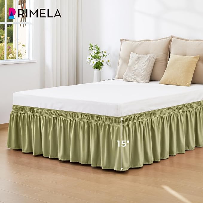 RIMELA Sage Green Bed Skirt Queen Size 15 Inch Drop, Elastic Bed Skirting for Bed Base and Frame, Bedding Dust Ruffle Easy to Install, Wrap Around Adjustable Bedskirt