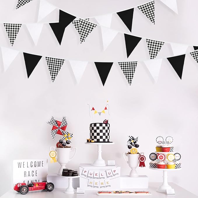 32Ft Black Party Decorations Black Buffalo Plaid Checkered White Triangle Flag Gingham Pennant Bunting Fabric Garland for Racing Car Party BBQ Birthday Wedding Carnival Picnic Outdoor Home Decor