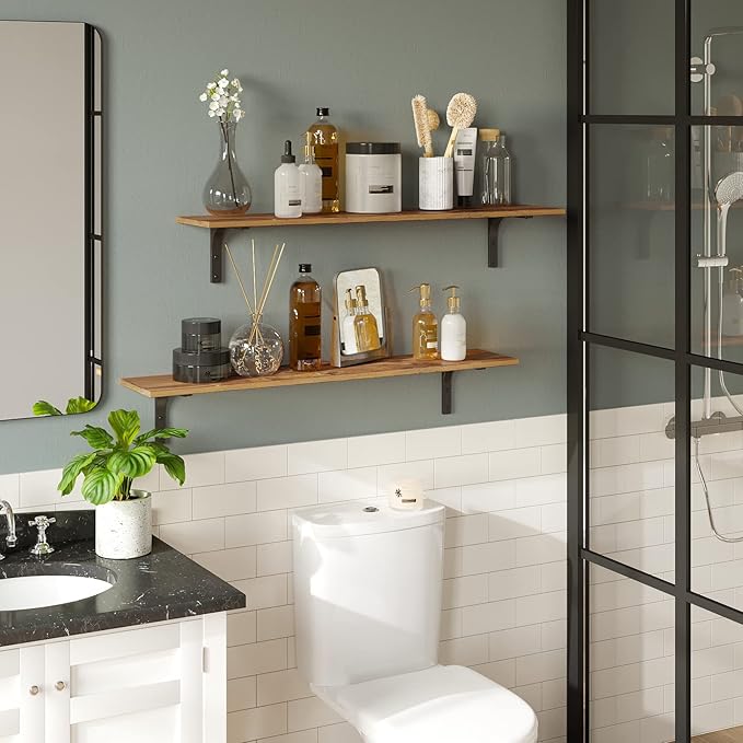 DINZI LVJ Long Wall Shelves, 39.4Inch Wall Mounted Shelves Set of 2, Extra Large Wall Storage Ledges with Sturdy Metal Brackets for Living Room, Bathroom, Bedroom, Kitchen, Rustic Brown