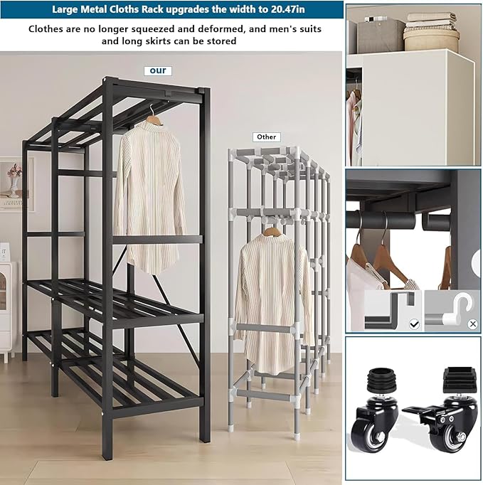Heavy Duty Covered Clothes Rack with Magnetic Door Foldable Portable Wardrobe Closet for Hanging Clothing Rolling Black Metal Garment Rack on Wheels Closet System (White, 58.9in)