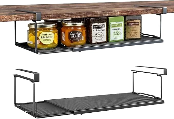 PowerKing Expandable Under Cabinet Shelf, Adjustable Length Under Shelf Storage with Thick Clips 10lbs Capacity for Kitchen, Laundry, Shoe, Under Office Desk & Wardrobe Partition (Black, 7.67'' H)