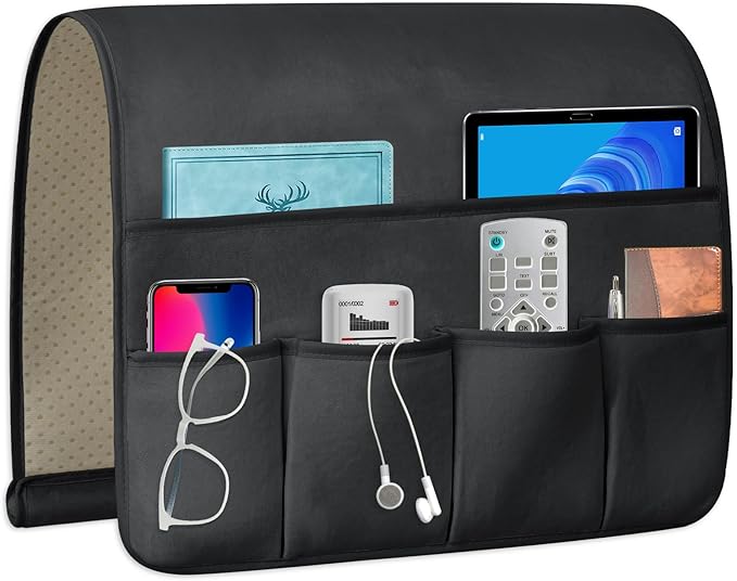 TV Remote Control Holder Couch Caddy, Non-slip Bedside Caddy Organizer with 5 Pockets for Key Glasses Phone Magazine Holders (Black, 35''x18'')