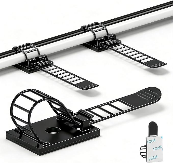 Adjustable adhesive cable management clips 100Pcs, large self adhesive cable ties clips ，Suitable for cable management under desks and on walls(Black)