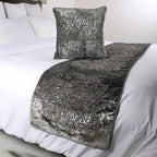 The HomeCentric Decorative Designer Handmade Bed Runner With 2 Throw Pillow Covers - 90 x 18 Inch Damask King Size Scarf in Foil Velvet and Embroidery Linen - Foil Damask