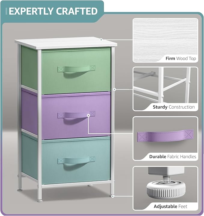 Sorbus Nightstand with 3 Drawers - Bedside Furniture & Accent End Table Storage Tower for Home, Bedroom Accessories, Office, College Dorm, Steel Frame, Wood Top, Easy Pull Fabric Bins (Pastel/White)