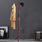 Coat Racks FreeStanding with 14 Hooks, Natural Wood Coat Rack with Solid Round Base, Adjustable Height Coat Racks, Easy Assembly for Hallway, Bedroom and Office (Reddish brown-Tray)