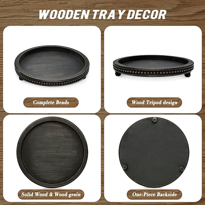 KULEDM Wooden Tray Decor, Small Beaded Coffee Table Tray Decor, Black Round Decorative Tray for Coffee Table, Dining Room Table Entryway and Living Room Table