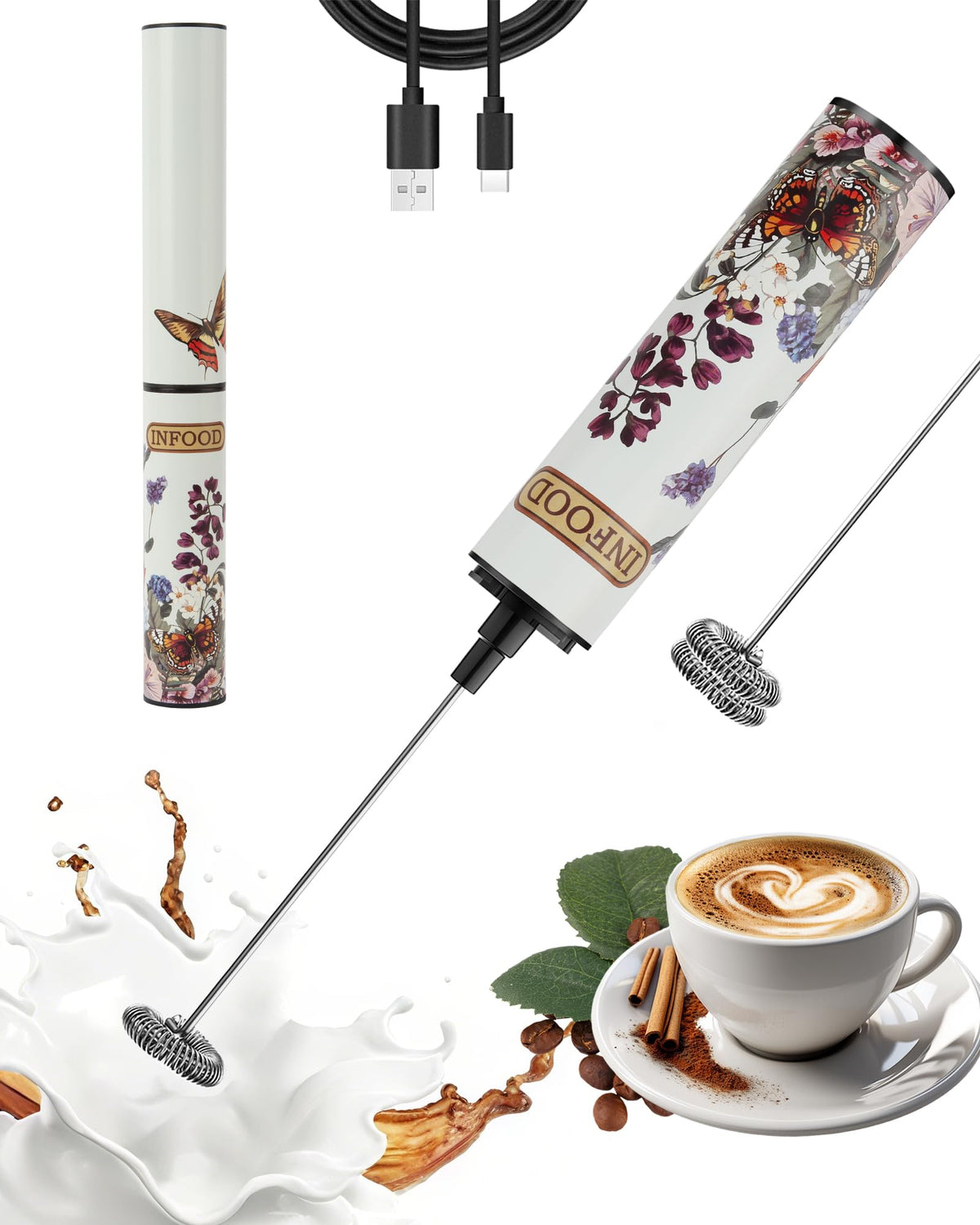 INFOOD Rechargeable Milk Frother with Cover, 2-Speed, 2 Whisks, Black