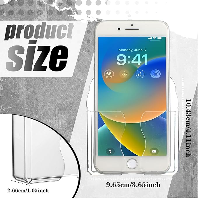 Geelin 6 Pcs Wall Mounted Phone Holder Self Adhesive Cell Phone Stand with Charging Hole Acrylic Remote Control Stand Bedside Organizer for RV Bed Desk Shower Most Smartphone(Clear,Novel Style)