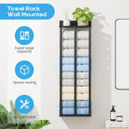Towel Racks for Bathroom Wall Mounted with Wooden Storage Shelf, Updated 3 Bar Metal Towel Holder for Rolled Towels, Sturdy and Large Capacity, Towel Storage Organizer-Black