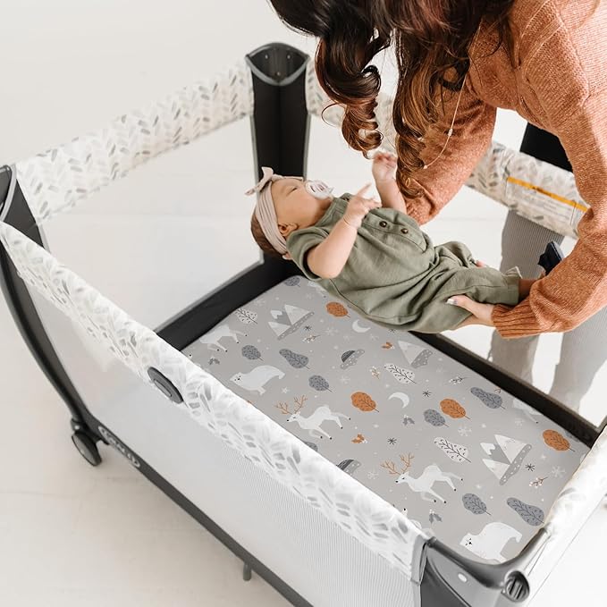 Pack n Play Sheets, BROLEX 2 Pack Mini Crib Sheets,Stretchy Portable Fitted Playard Sheet Set, Convertible Playard Mattress Cover,Ultra Soft Breathable Material,Snowy Forest