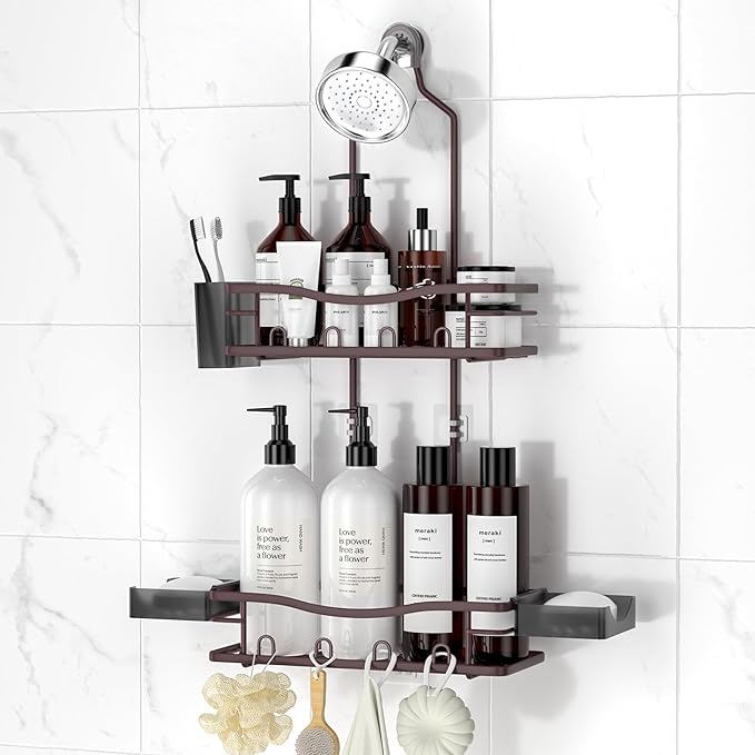 REINHARDT Shower Caddy Hanging, Rustproof Shower Caddy Anti-Swing Shower Organizer No Drilling Showers Racks with Soap Holder Multi Hooks Bathroom Storage for Shampoo Sponge, Bronze