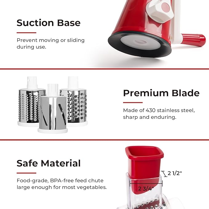 X Home Rotary Cheese Grater for Kitchen, Shredder with 3 Interchangeable Blades, Rotary Grater with Handle and Strong Suction Base, for Vegetables, Fruit, Nuts, Easy to Use and Clean, Red