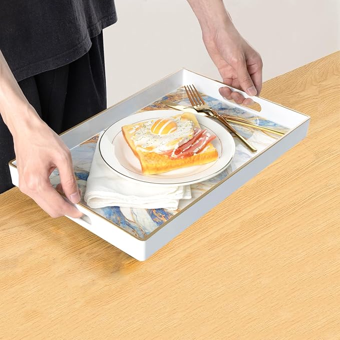MAONAME Rectangular Decorative Tray, Modern White Serving Tray with Handles, Marbling Plastic Trays for Ottoman, Coffee Table Trays for Living Room, Home Decor, 15.8" x 11.8" x 1.6"