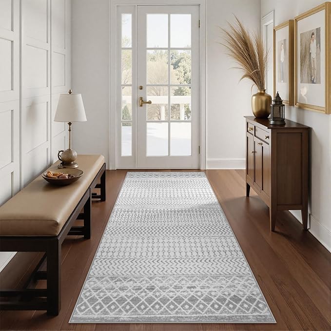 Moroccan Washable Runner Rug, 2x5 Ultra Soft Non-Slip Hallway Rug, Low Pile Distressed Gray Bathroom Rugs Carpet Runner for Entryway Kitchen Bedroom Laundry Room