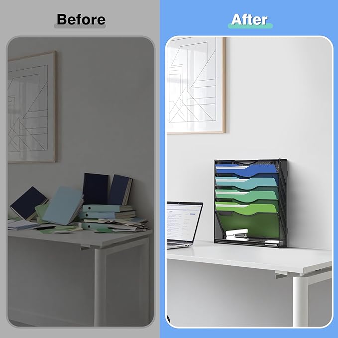 Kuntine.B Wall File Organizer Office Hanging Magazine Holder Wall File Organizer for Office Home (Black, 6 Tier & Hangers)