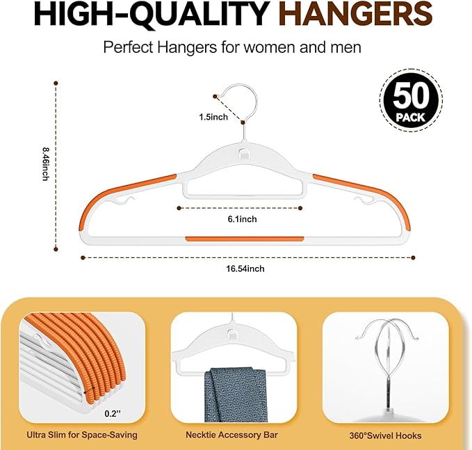 Plastic Hangers 50 Pack, Stackable Slim Space Saving Hangers with Non-Slip Pads, 360° Swivel Hook, Cascading Strip for Vertical Storage, Closet Organizer for Shirt, Suit, Skirt, Coat - Orange