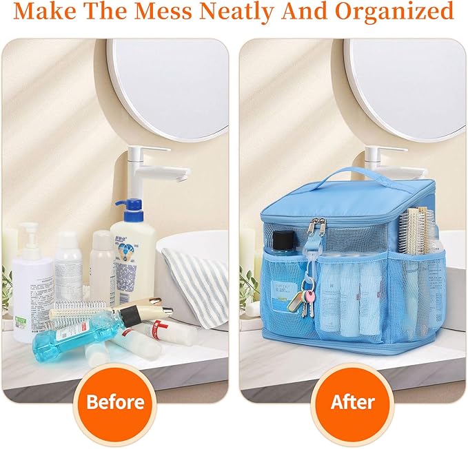 CUBETASTIC Shower Caddy Portable Mesh Shower Tote for Bathroom, Gym, Travel, Camping - Quick Dry Hanging Organizer Toiletry Bag with Handle for College Dorm Room, Men & Women (A# Blue, 9.8")