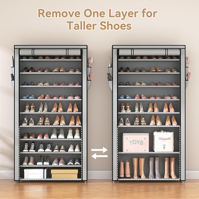ROJASOP Shoe Rack with Covers, Stackable 10 Tier Tall Shoe Shelf Storage 50-55