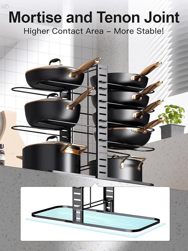 MUDEELA Pots and Pans Organizer Rack under Cabinet 14.55in Height, 8-Tiers Adjustable Pot Rack with 3 DIY Methods, Pot Lid Organizer inside Cabinet for Kitchen Pantry Organization and Storage