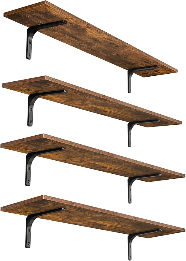 DINZI LVJ Long Wall Shelves, 39.4Inch Wall Mounted Shelves Set of 4, Extra Large Floating Storage Ledges with Sturdy Metal Brackets for Living Room, Bathroom, Bedroom, Kitchen, Rustic Brown