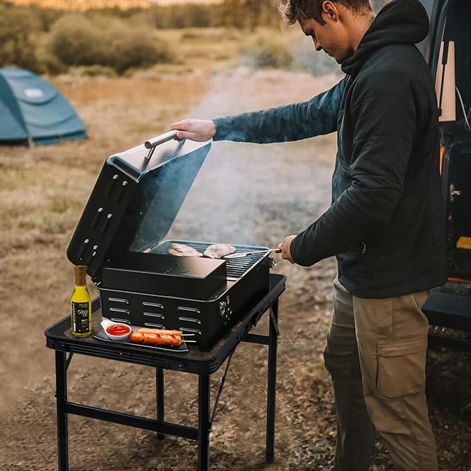 Folding Grill Table Camping Table with Mesh Desktop, Lightweight & Portable Outdoor Picnic Table, Height Adjustable Portable for Outside Inside Use