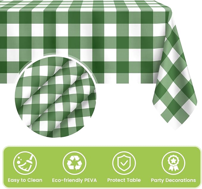 Mulbozy Sage Green Gingham Tablecloth 4 Pack, 54 x 108 Inch Plastic Table Cloth Disposable, Sage Green and White Checkered Table Cover for Party Supplies