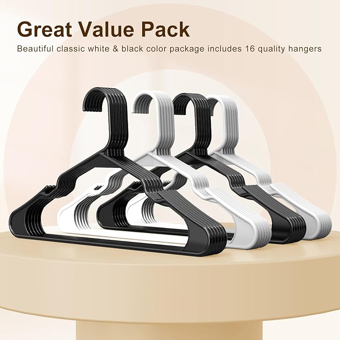 HOUSE DAY Plastic Hangers 16 Pack - Adult Clothes Hangers Black - Space Saving, Non-Slip, Durable & Sturdy Hanger with Shoulder Grooves for Closet, Perfect Slim Coat Hanger - Ganchos para Colgar Ropa