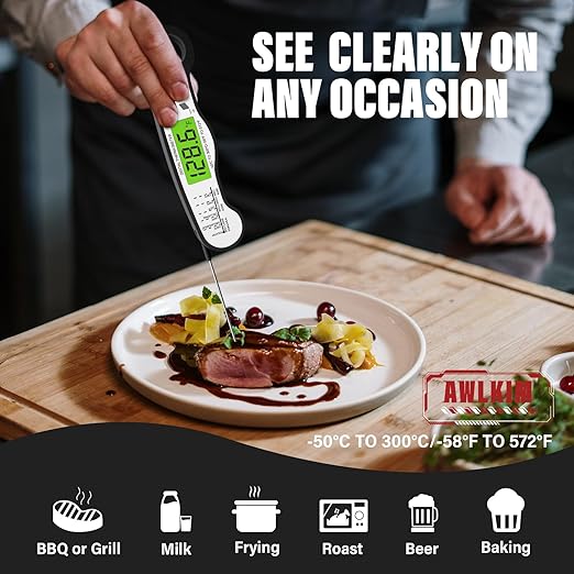 AWLKIM Digital Meat Thermometer with Doneness Chart, 2-Sec Instant Read Food Thermometer for Cooking, Grilling, Oven, Air Fryer - Waterproof Backlit Magnetic Flip Probe, Gift for Men, Dad - Black