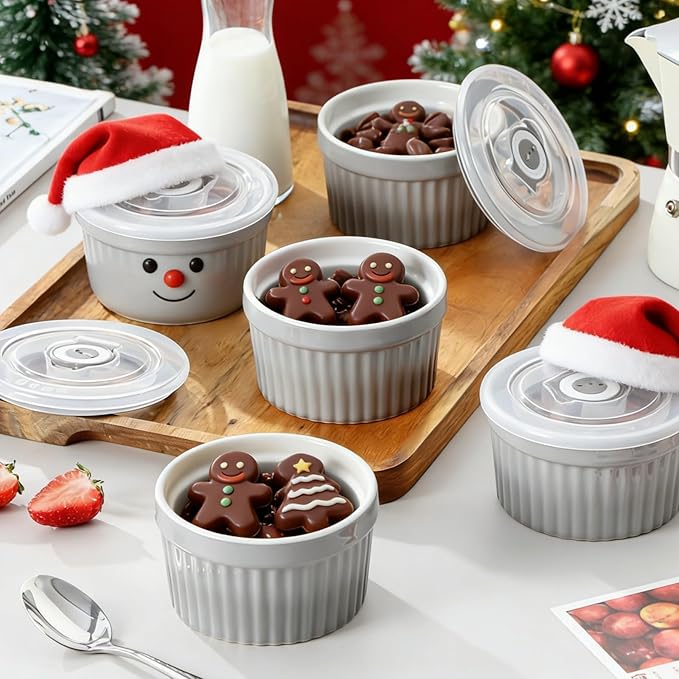 vancasso 8 oz Ramekins with Lid, Porcelain Creme Brulee Souffle Dishes, Grey Pudding Custard Cups Ramiken for Baking, Dishwasher and Oven Safe, Set of 6