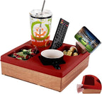 Couch Cup Holder Tray, Silicone Wooden Couch Caddy with Cup Holder for Snacks, Drinks, Remotes, Waterproof Cup Holder for Couch, Organizer, Couch Drink Holder, (red)