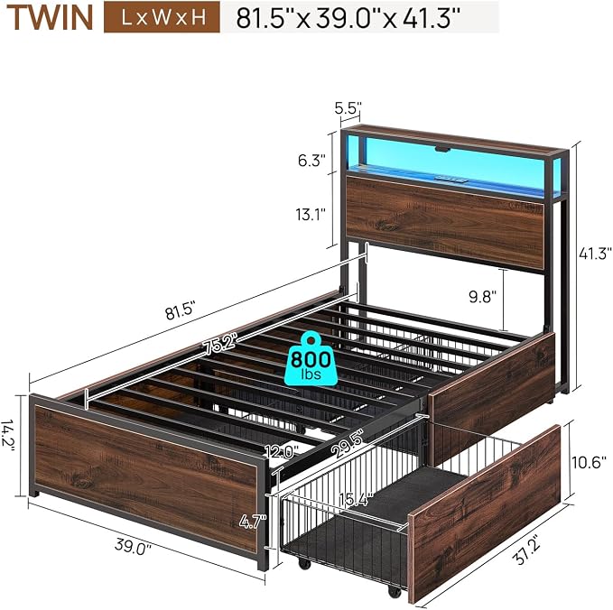Rolanstar Twin Bed Frame with 4 Storage Drawers, Charging Station and LED Lights