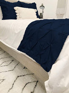 Bed Runner Set - 100% Pure Cotton 800 Thread Count - Luxury 1 Pinch Pleated Bed Runner and 2 Pillow Cover - 3 Piece Pinch Pleated Bed Runner Set California King, Navy Blue