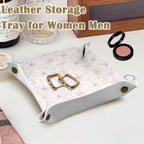 Pink Coquette Bow Floral Leather Jewelry Valet Tray, Preppy Bow Flower PU Leather Catchall Beside Caddy Nightstand Organizer Tray for Jewelry Rings Watches Keys and Accessories, 7.8x7.8inch