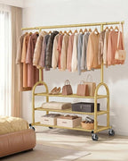 EAGMAK Heavy Duty Clothes Rack for Hanging Clothes Load 688 LBS, Height Adjustable Rolling Clothing Racks, Portable Metal Coat Rack Garment Wardrobe with Wheels and 3 Shelves for Bedroom, Gold
