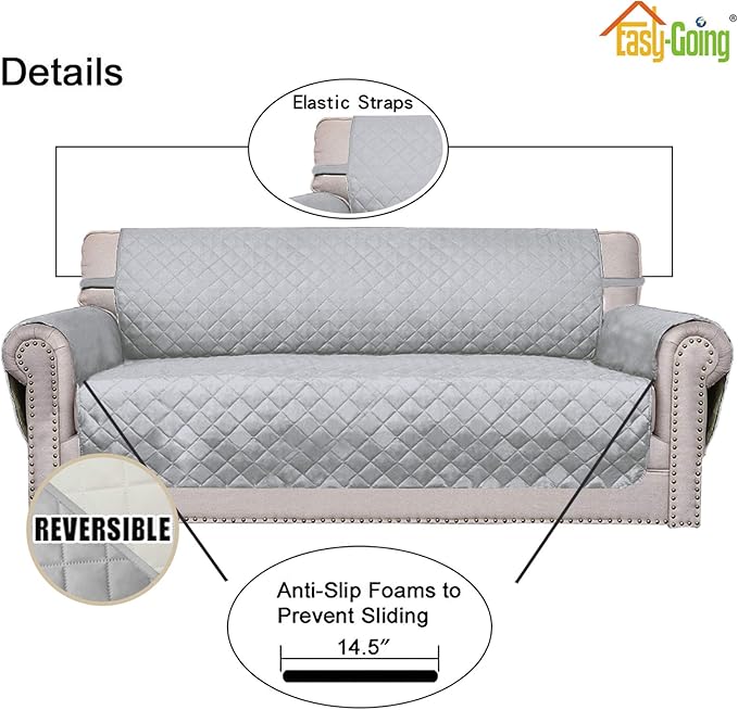 Easy-Going Sofa Slipcover Reversible Loveseat Sofa Cover Couch Cover for 2 Cushion Couch Furniture Protector with Elastic Straps for Pets Kids Dog Cat (Oversized Loveseat, Light Gray/Ivory)