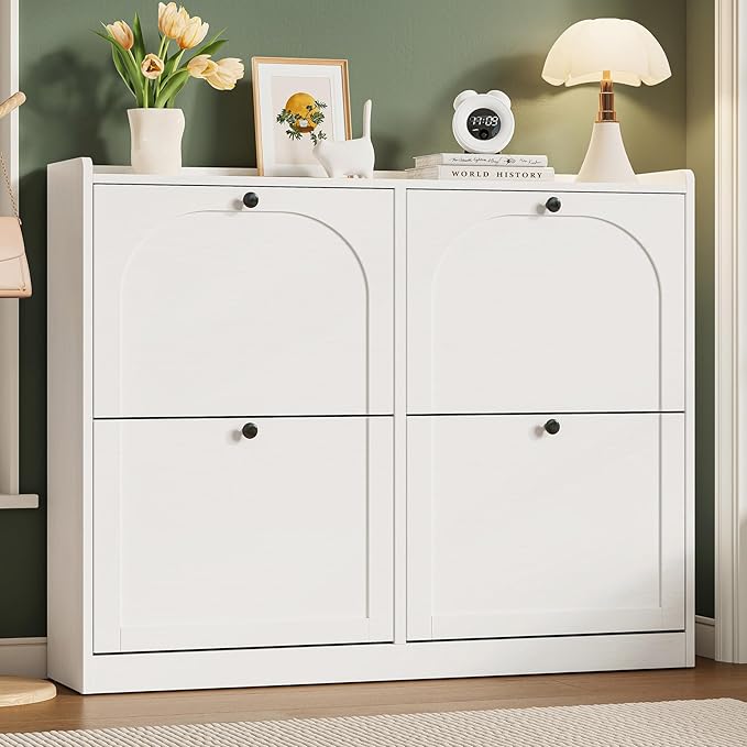 ONBRILL Shoe Cabinet with 4 Flip Drawers, Freestanding Ultra Slim Hidden Shoe Organizer with Classic Arched Pattern, 16-24 Pairs Shoe Storage Cabinet for Entryway Hallway Living Room (White)