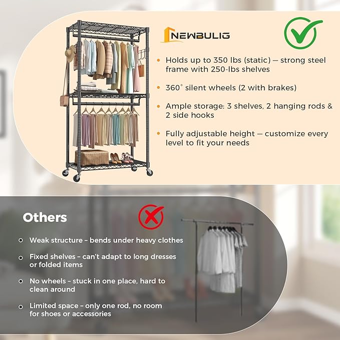 OLIXIS Clothes Rack Heavy Duty Adjustable Garment Clothing Rack with Wheels, Rolling Metal Freestanding Closet Organizer for Hanging Clothes with 2 Side Hooks, Double Rods, 35" x 15" x 75", Black