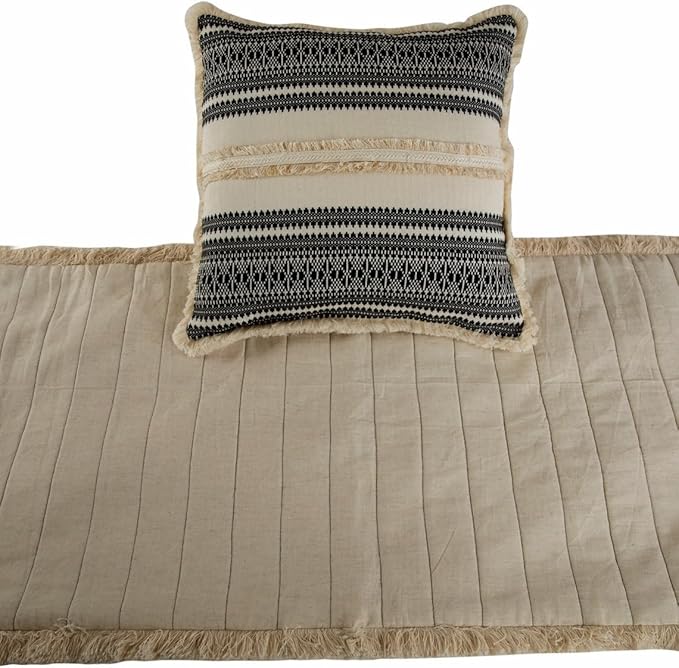 The HomeCentric Beige Bed Runner Without Pillow Cover, Queen Size 74"x18" Decorative Bed Runner, Beige & Black Linen Bed Scarf in Quilted, Natural Linen with Lace - Moroccan Vibe