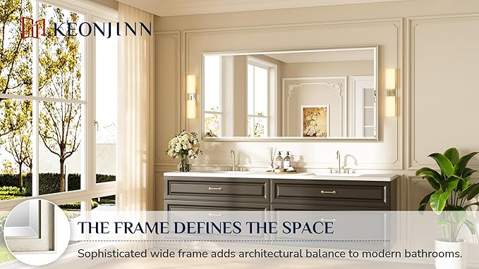 Keonjinn 72" x 36" Brushed Nickel Bathroom Mirrors for Over Sink, Beveled Edge Tempered Glass, Decorative Aluminum Alloy Frame, Rustproof, Large Rectangular Vanity Wall-Mounted Mirror for Dining Room
