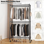 BATHWA Rolling Tall Garment Rack with 2 Rods & 3-Tier Adjustable Shelves, 35.5" W x 16.5" D x 80.7" H, Heavy Duty Clothes Hanging Racks Portable Wardrobe Closet Organizer for Bedroom, Laundry, Black