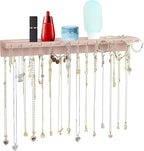 YYILIS Necklace Holder, Upgraded Extra Large Wall Necklace Organizer with 30 Hooks Wall Mounted Necklace Hanger with Jewelry Tray/Cosmetics Shelf Rustic Pine Wood Holder (Pink)