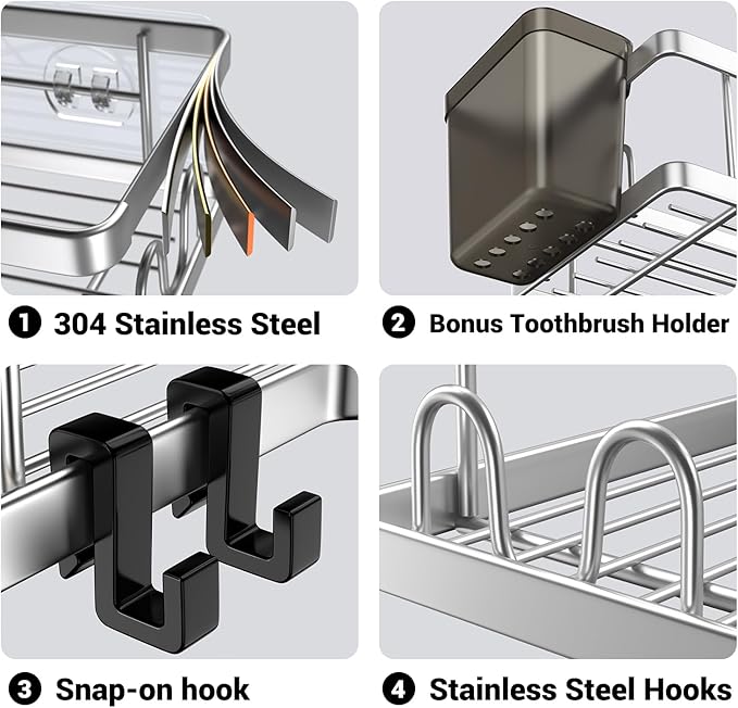 AKTECKE Corner Shower Caddy Shelf Rack: 2 Pack Adhesive Shower Organizer Essentials - No Drilling Stainless Steel Bathroom Storage Rack with Hooks and Toothpaste Holder