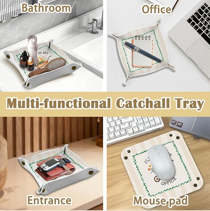 Gardening Gifts for Women Jewelry Valet Tray, PU Leather Catchall Beside Caddy Nightstand Organizer Tray for Jewelry Rings Watches Keys and Accessories, 7.87x7.87in