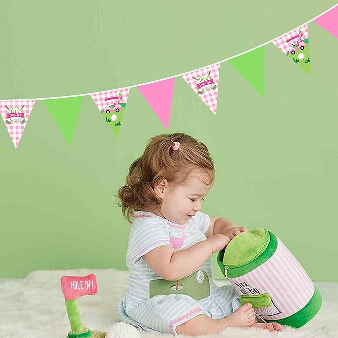 32Ft Pink Golf Party Decorations Pink Green Golf Ball Triangle Flag Fabric Banner Pennant Garland Streamers for Let's Par-tee Birthday Baby Shower Masters Sports Fans Party Outddor Decor Supplies