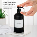 Hand and Dish Soap Dispenser for Kitchen and Bathroom, Set of 2 16 Oz Glass Bottles, Stainless Steel Pumps, Non-Slip Silicone Base, 27 Waterproof Labels (Matte Black Bottle/Black Pump)