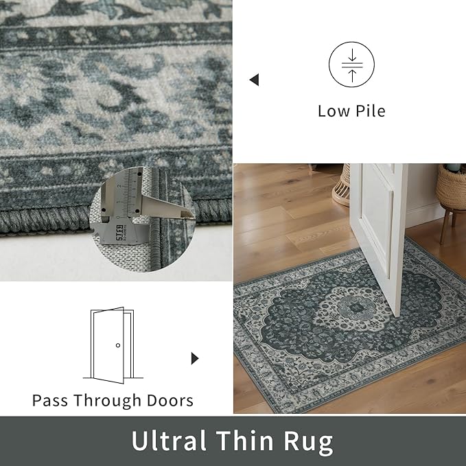 Tangsoo Vintage 2x3 Small Area Rug for Entryway,Washable Non-Slip Rubber Backing Indoor Mat,Grey Green Soft Low Pile Front Door Carpet for Bedroom Front Porch Entrance Kitchen