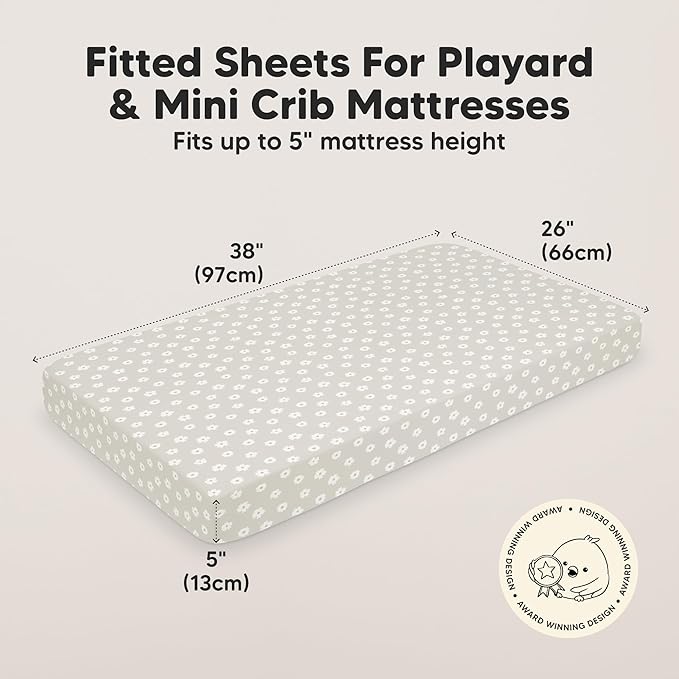 2-Pack Mini Crib Sheets Fitted - 38x26 Pack N Play Sheets for Pack and Play Mattress, Organic Cotton, Soft & Breathable Playard Bedding, Neutral Mini Toddler Bed Cover for Boys, Girls (Meadow)