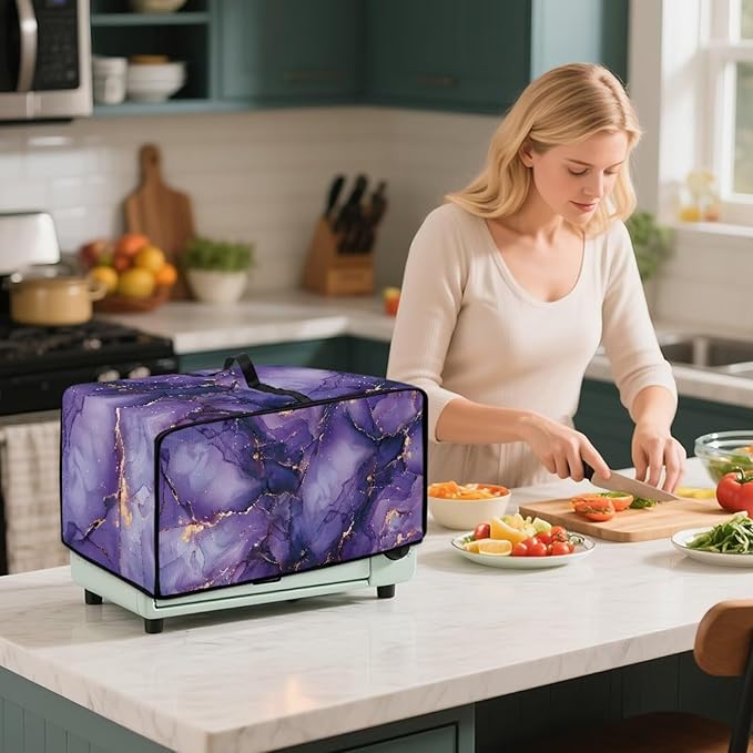 Convection Oven Dust Cover with Pockets, Easy to Clean, Electric Appliance Protector Smart Microwave Oven Cover for Countertop, S, 14.5 x 18.5 x 9 Inches, Violet Gold Marble